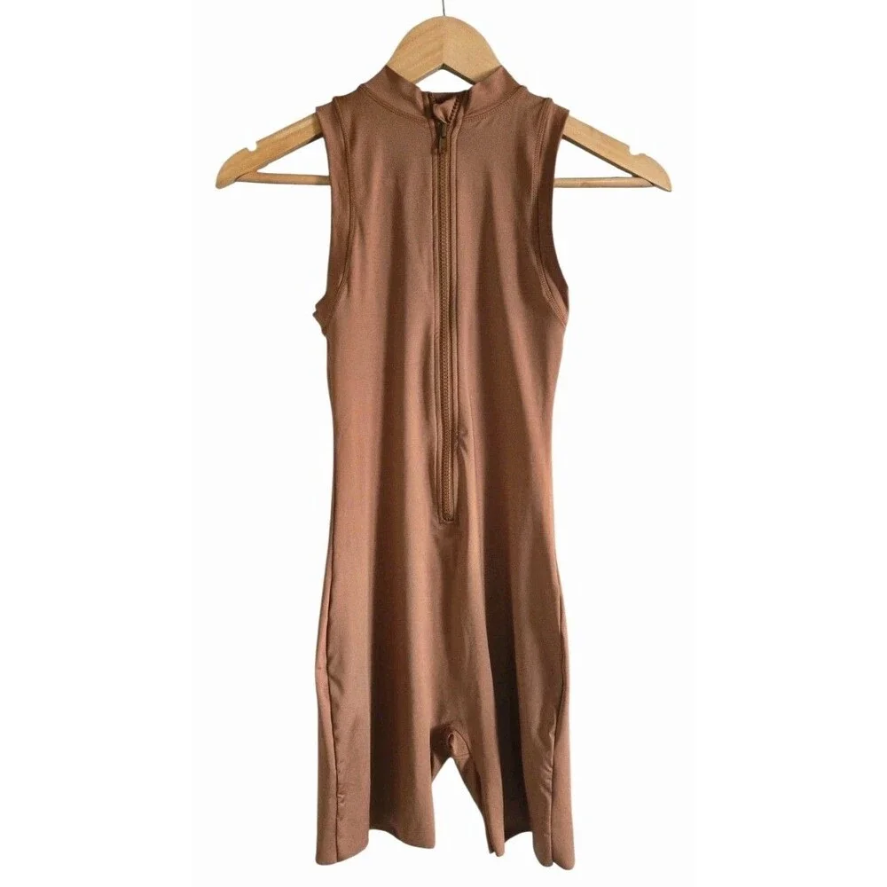 SKIMS Mock  Neck Zip Up Cycle Swimsuit  Almond Size Small